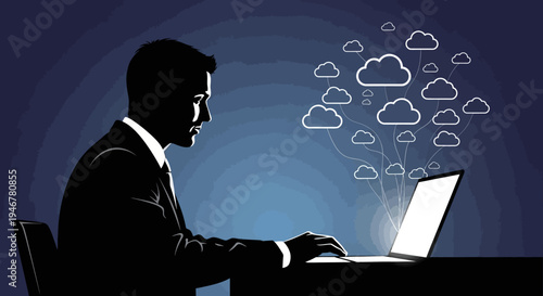 Businessman working on laptop with cloud computing network and data transfer