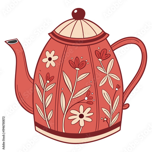 A red teapot with flowers on it, handmade with plasticine, on white background.