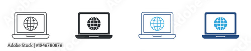 Online global connection laptop icon set. Internet browsing and digital communication concept. Laptop with world network symbol. Line, solid and color style. Vector illustration.