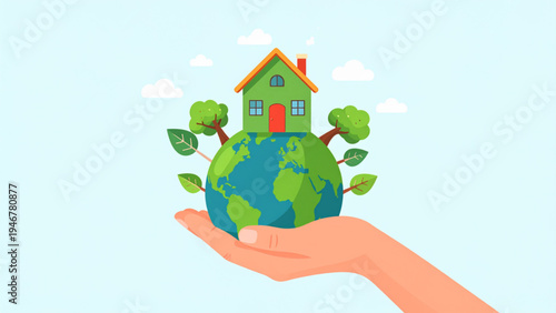 Eco-friendly house on Earth held in hand sustainable living green energy environmental protection flat colorful vector illustration