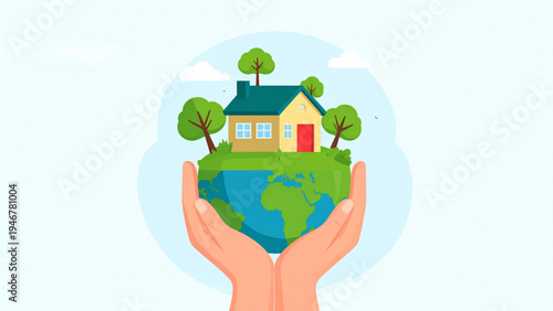 Eco-friendly house on Earth held in hand sustainable living green energy environmental protection flat colorful vector illustration