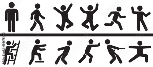 human pictogram activity icons set with people silhouettes showing walking, running, jumping, climbing and movement actions isolated on transparent background