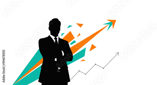 Confident Businessman Silhouette with Upward Trend Graph and Geometric Shapes