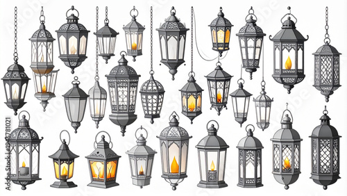 Collection of ornate vintage style lanterns in grayscale flat decorative vector illustration set isolated on white background