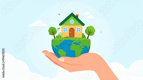 Eco-friendly house on Earth held in hand sustainable living green energy environmental protection flat colorful vector illustration