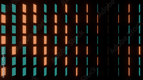 Teal and amber neon window grid perspective with glowing rectangles and deep tunnel depth