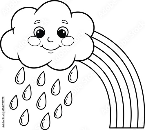 Smiling cloud with raindrops and rainbow isolated on transparent background