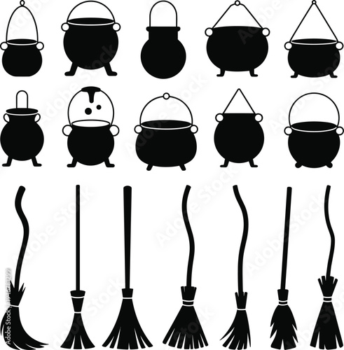 Witch cauldron and broom silhouettes collection, Halloween magic potion set, witchcraft vector silhouettes isolated spooky illustration bundle