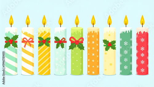 Festive Christmas candles decorated with holly ribbons and colorful winter patterns flat decorative vector illustration set isolated on white background