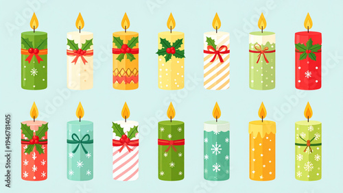 Festive Christmas candles decorated with holly ribbons and colorful winter patterns flat decorative vector illustration set isolated on white background