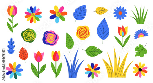 Colorful illustration of various flowers and leaves.