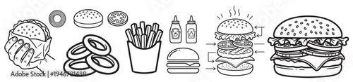 burger fast food outline icon set with hamburger ingredients, cheeseburger sandwich, fries and sauce bottles isolated on transparent background