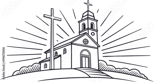 Bild auf Leinwand Austria corpus christi concept with church and cross on hill line black and whit