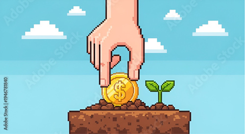 Hand Planting Gold Dollar Coin in Soil with Small Green Plant