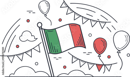 Italian flag on pole with balloons and bunting republic day