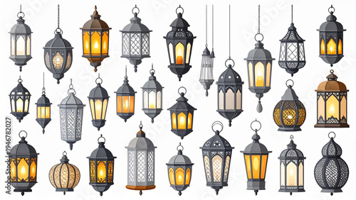Collection of ornate vintage style lanterns in grayscale flat decorative vector illustration set isolated on white background