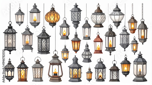 Collection of ornate vintage style lanterns in grayscale flat decorative vector illustration set isolated on white background