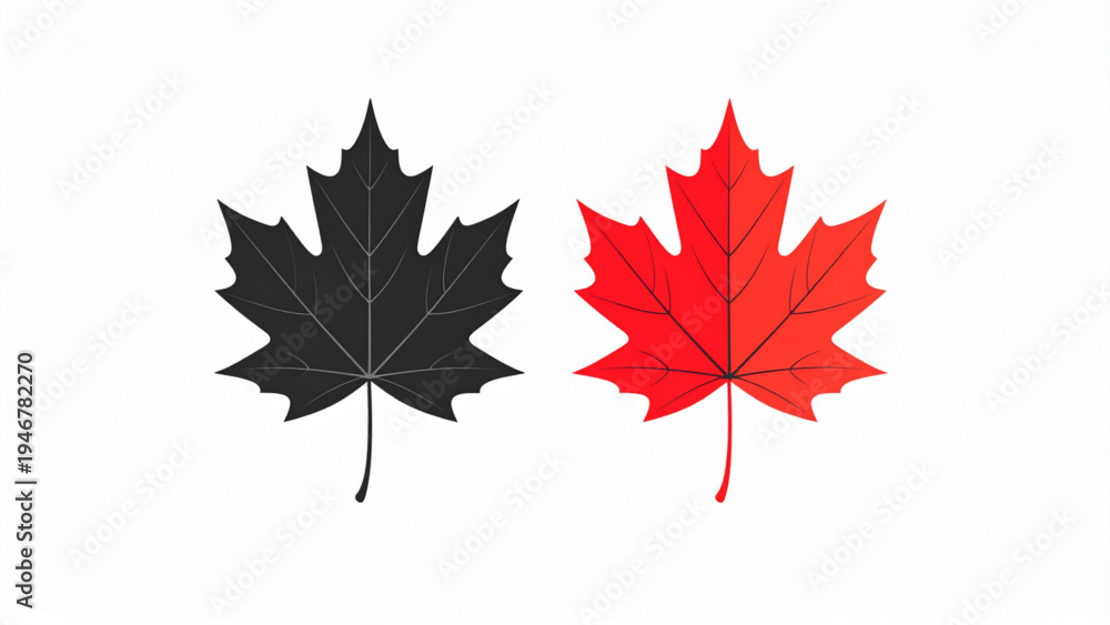 Fototapeta premium Two maple leaves displayed side by side one red and one black flat decorative vector illustration isolated on white background