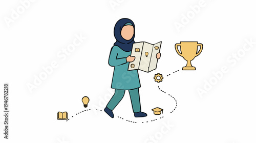 Young Woman in Hijab Holding Map Planning Journey Towards Golden Trophy Symbolizing Achievement and Success with Lightbulb Icons on White Background
