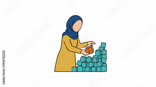 Woman in Mustard Yellow Tunic and Blue Hijab Stacking Teal and Orange Blocks with Focus on a Single Orange Block in Her Hands White Background