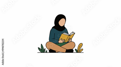 Young Woman Wearing Hijab Reading Book While Sitting Cross Legged Outdoors Among Green Plants