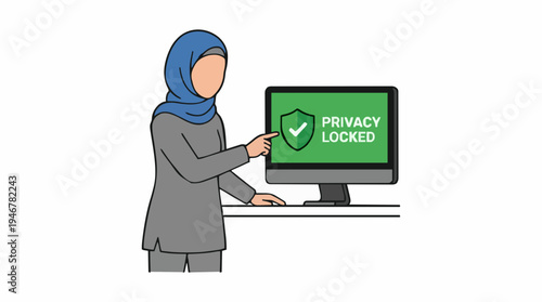 Muslim Woman in Blue Hijab and Gray Outfit Points to Computer Screen Displaying Privacy Locked Shield Icon