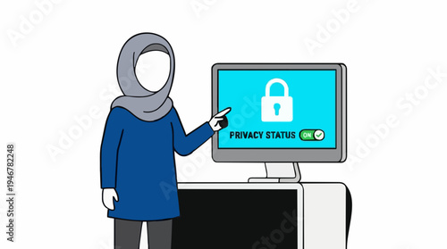 Woman in Hijab Points to Computer Screen Displaying a Lock Icon and the Words Privacy Sign Secure Connection