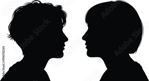 "Black silhouette profiles of two human heads facing each other, curly hair and bob cut, minimal contrast illustration emphasizing communication, interaction, diversity, and confrontation concept"