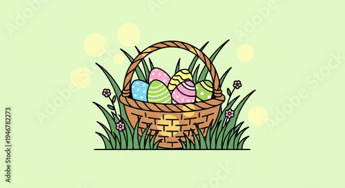 A charming cartoon basket overflows with vibrantly patterned Easter eggs, nestled in lush green grass with tiny flowers