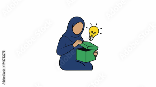 Woman Wearing Blue Hijab Opens Green Box with Bright Idea Lightbulb Shining Above Her Head Isolated on White Background