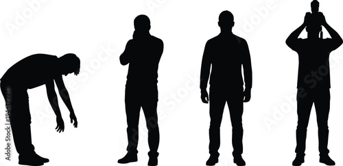 Silhouette collection of diverse human figures showing fatigue, contemplation, neutral posture, and playful family interaction with child on shoulders, isolated black silhouettes on white background