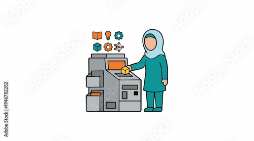 Muslim Woman In Teal Hijab Operates Complex Machinery With Gears Lightbulb Icons Representing Innovation And Ideas In A Simple White Background