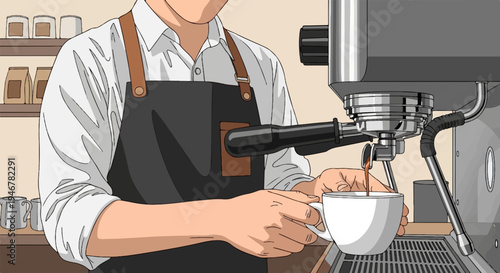 Person prepares coffee beverage using espresso machine in cafe