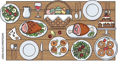 Overhead view of a festive holiday meal laid out on a rustic wooden table