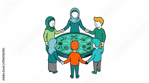 Diverse group of people in colorful attire holding hands around a circular table with diagrams and charts symbolizing collaboration and teamwork