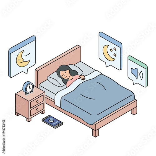 Woman sleeps peacefully in bed surrounded by sleep tracking devices and notifications at night.