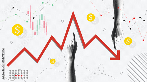 Stock Market Manipulation Concept with Falling Graph Arrow, Dollar Icons and Hands Controlling Financial Trend, Economic Crisis Illustration