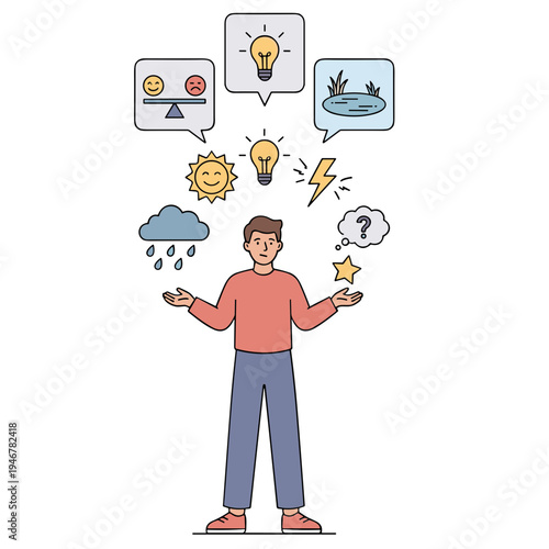 A man juggles various thoughts and ideas floating above him.