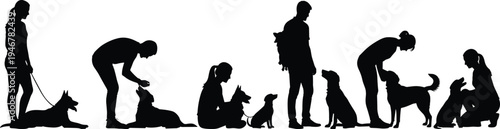 Silhouette illustration of people interacting with dogs in various poses, showing companionship, training, bonding, and pet relationships in human animal connection concept