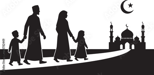 Muslim Family Walking Together to Mosque Silhouette with Crescent Moon Islamic Faith Concept