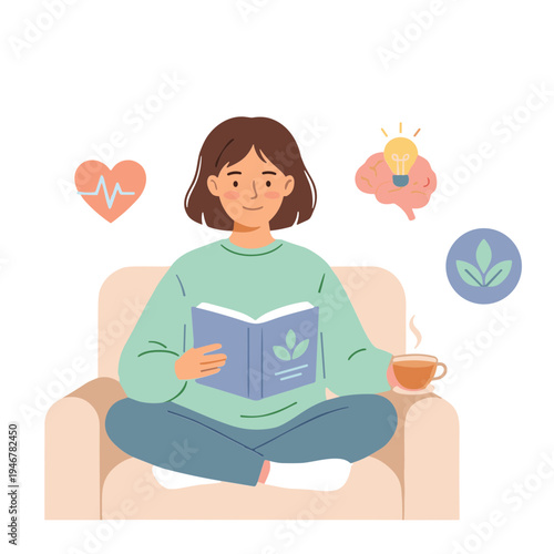 Woman reads a book while sitting on a couch with a cup of coffee and thinks about health and emotions