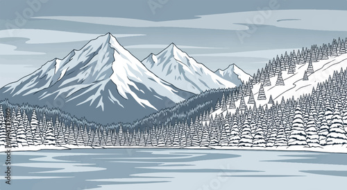 Pixelated winter scene shows snow-covered mountains, pine forests, and a frozen lake under a cloudy sky