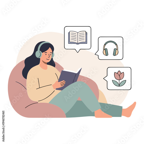 A woman relaxes on a beanbag chair listening to audiobooks and reading a book with speech bubbles around her.