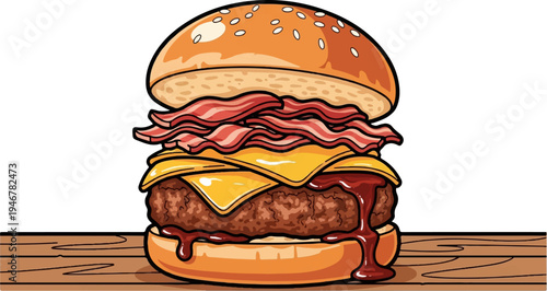 A delicious, juicy burger with layers of bacon, cheese, and sauce, served on a wooden surface