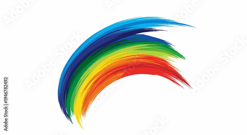 Vibrant, broad brush strokes form a spectrum arc on a white background