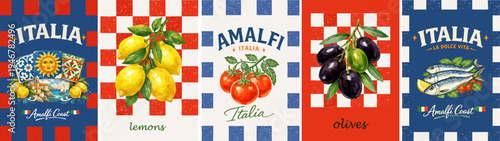 Italian Amalfi coast vector poster set with lemons, olives, tomatoes and sardines. Vintage Mediterranean food and travel illustrations inspired by Italy cuisine, coastal lifestyle and poster