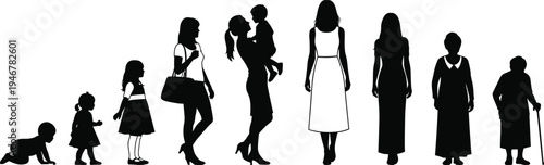 Silhouette sequence showing stages of woman’s life from infancy to old age, depicting growth, motherhood, maturity, and aging process in human development illustration