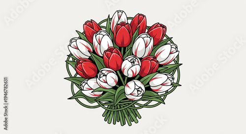 A bouquet of red and white striped tulips, artfully arranged with green leaves and stems