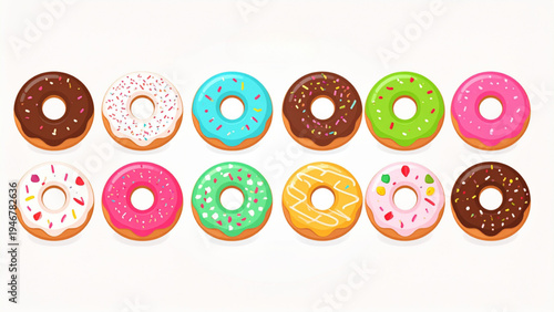 Collection of six playful donuts with different icing and toppings arranged in two rows flat colorful vector illustration set