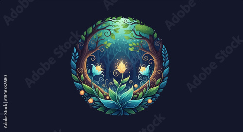 Enchanted forest clearing with glowing flora and ornate trees